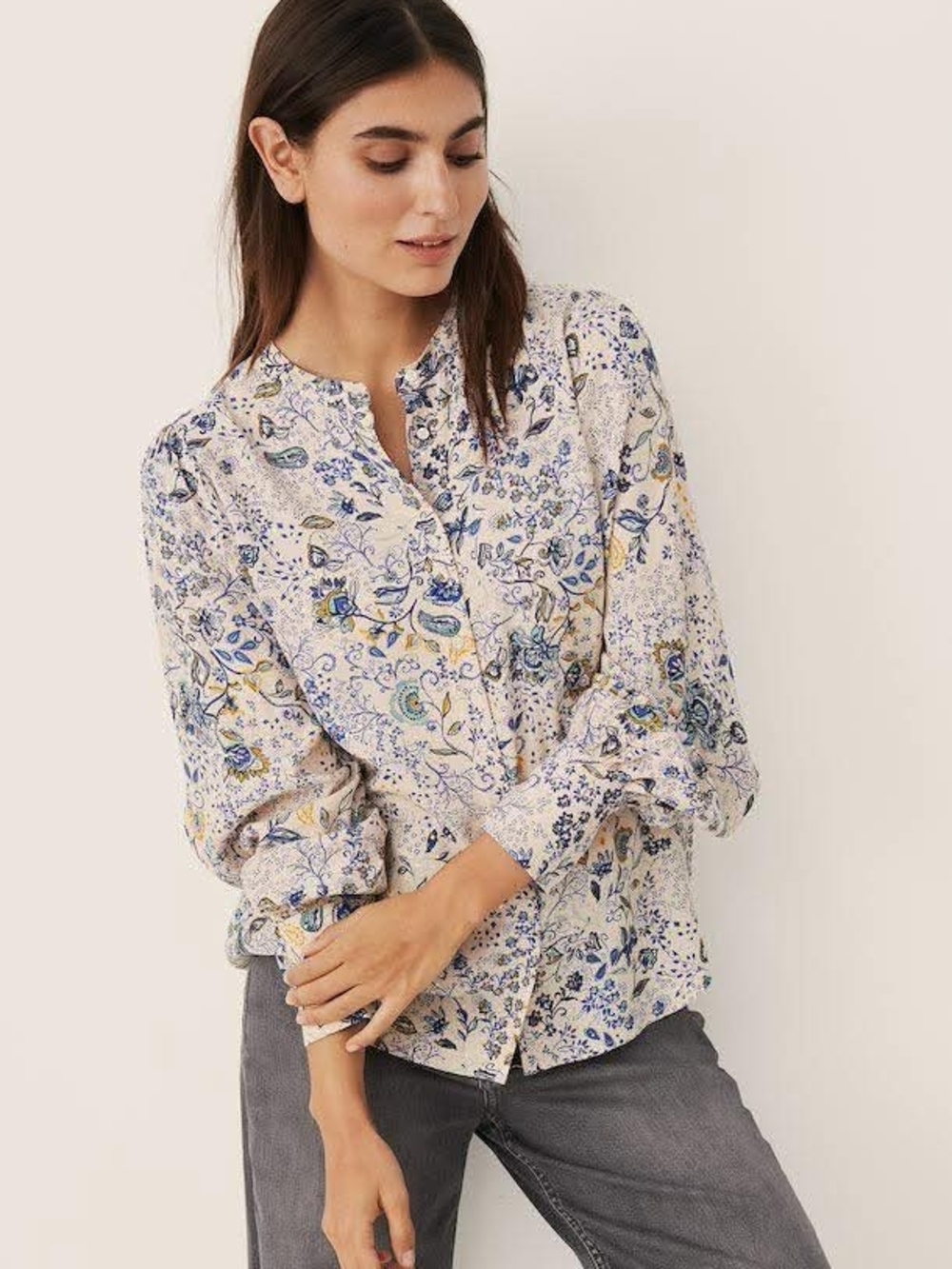 Printed Long-Sleeve Floral Blouse - Cream with Blue Accents